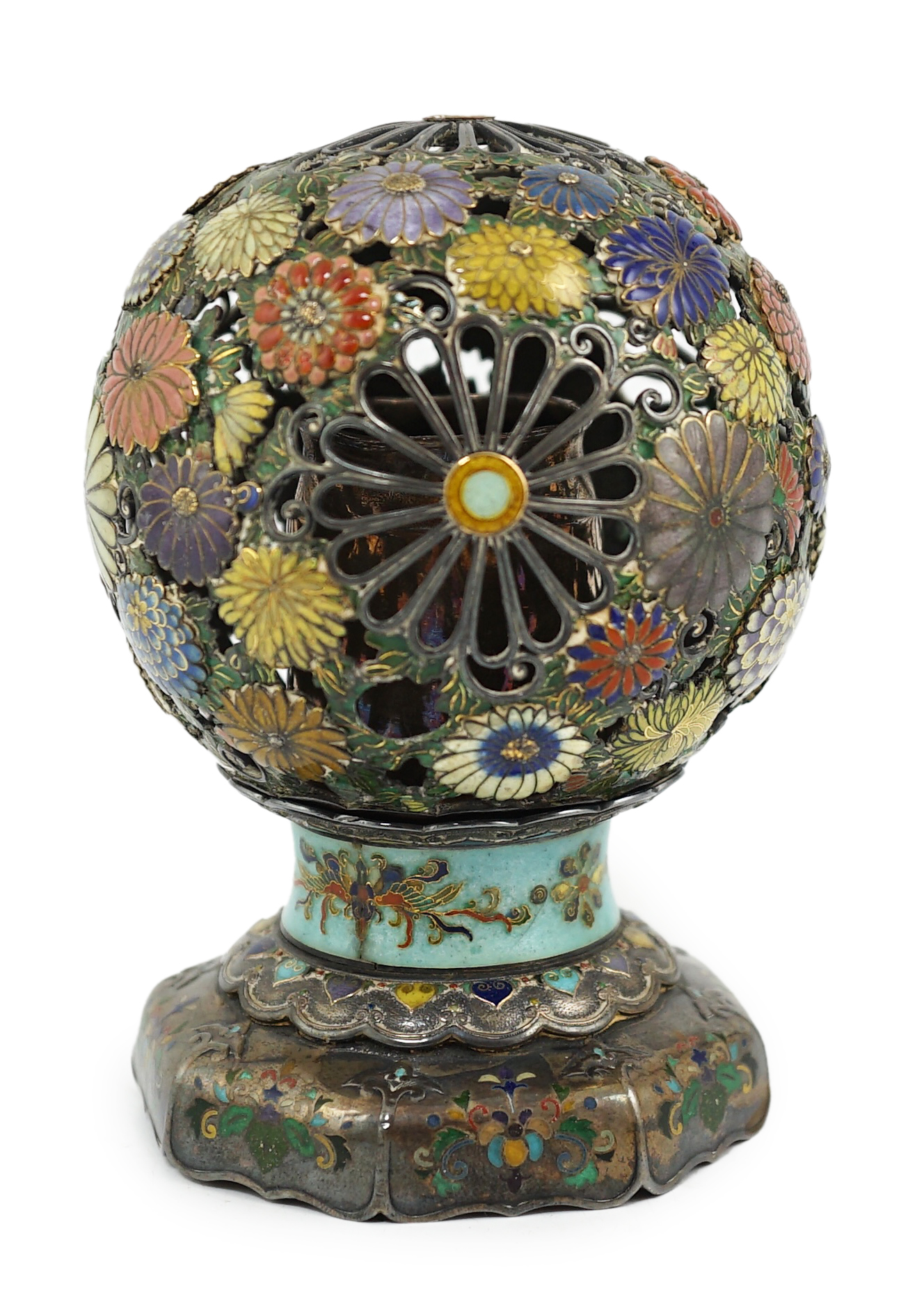 A Japanese silver and enamel globe-shaped koro and cover, Meiji period, some damage